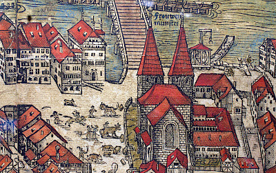 Ausschnitt aus dem Murerplan (1576) von Jos Murer. Holzschnitt koloriert.