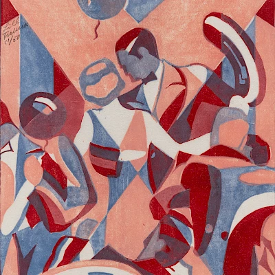 Lill Tschudi, Foxtrot, 1930, Linolschnitt, dreifarbig, 25.2 x 17.8 cm, Sammlung Glarner Kunstverein @Nachlass Lill Tschudi