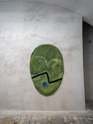 Exhibition view Sophie Taeuber-Arp / Mai-Thu Perret «Ich bin wü ü ü ü ü ü ü ü tend», Cabaret Voltaire 2022; Mai-Thu Perret, Untitled (Green Oval), 2018. Photo: Cedric Mussano