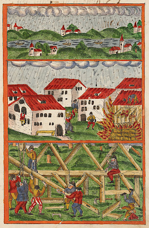 Bildlegende: 
Hagel in Herrliberg (oben), Unwetter mit Feuer (unten) in Wipkingen, Juni 1586. ZB,